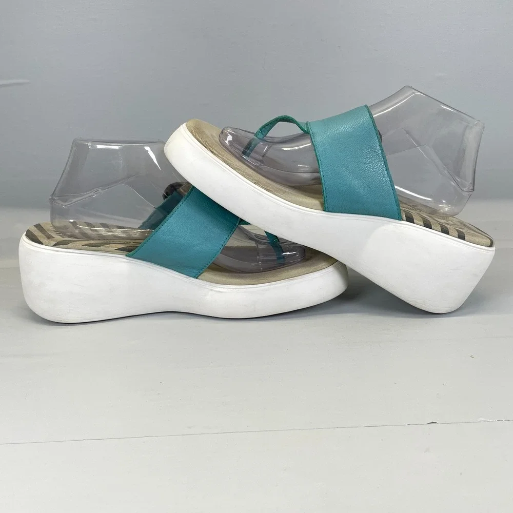 Fly London Dafi Wedge Sandals Womens Size 41 US 10 Blue Leather Buckle Shoes